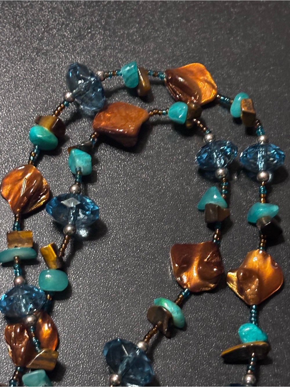 Handcrafted Blue Brown Beaded  Necklace made from‎ Gemstone,Shells, & Art Glass